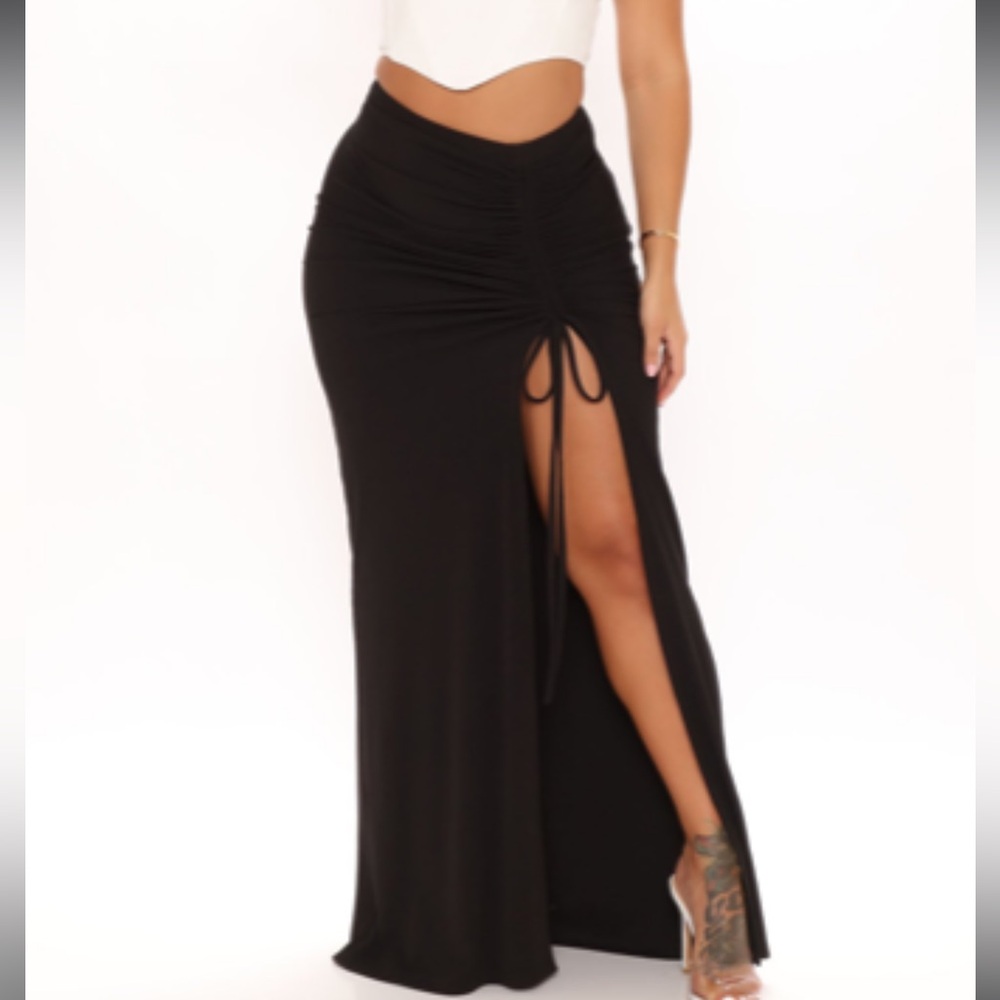 Black ruched maxi skirt